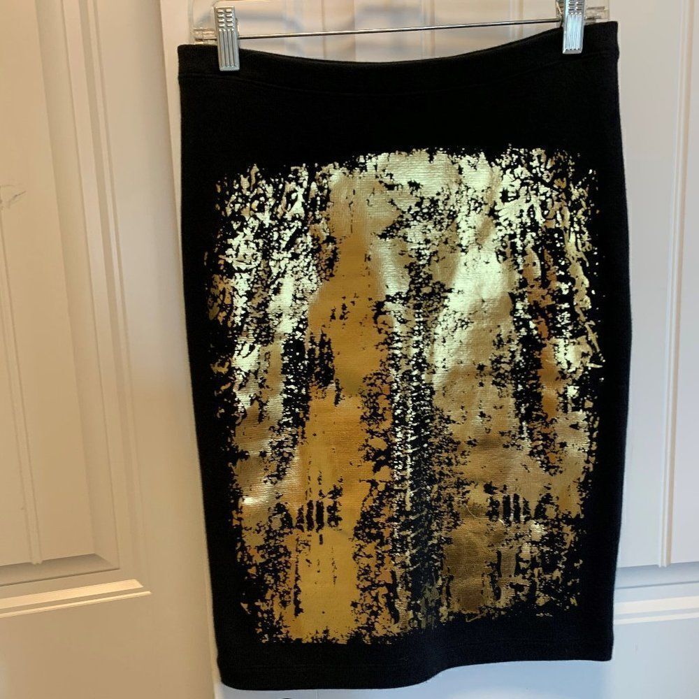 Veronique Miljkovitch skirt, EUC, black knit, gold, sz s, pull on, knee length